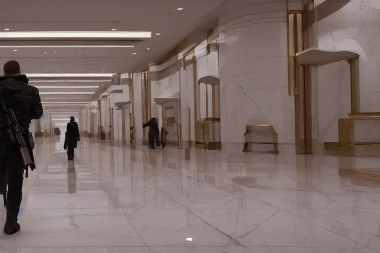 Prompt: Bank interior elegant bank fancy white marble flooring reflective gold accents. man facing camera red motorcycle jacket carrying duffle bag holding shotgun tactical. blade runner 2049 (2019) movie still 35mm wide angle lens