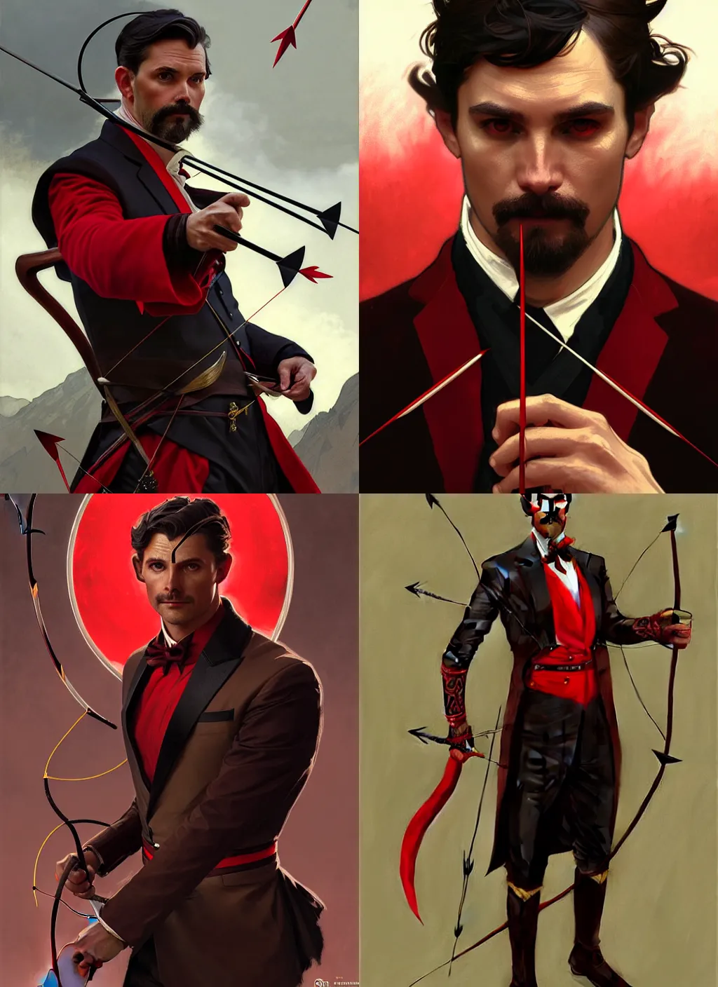 Prompt: Portrait of a serious male archer, D&D fantasy, short slicked brown hair, 5 o\'clock shadow on his face, black and red tuxedo, intricate, floating arrows surrounding him, highly detailed, digital painting, artstation, concept art, sharp focus, illustration, art by greg rutkowski and alphonse mucha