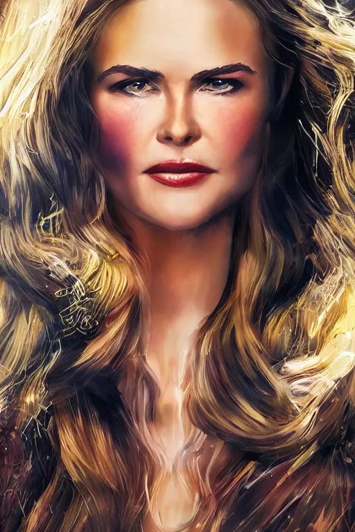 Image similar to mix of beautiful young maria shriver, mariel hemmingway, brooke shields, nicole kidman and elle macpherson as a snake girl with fangs, thin lips, hair tied up in a pony tail, dark blonde hair, colorful, artstation, cgsociety