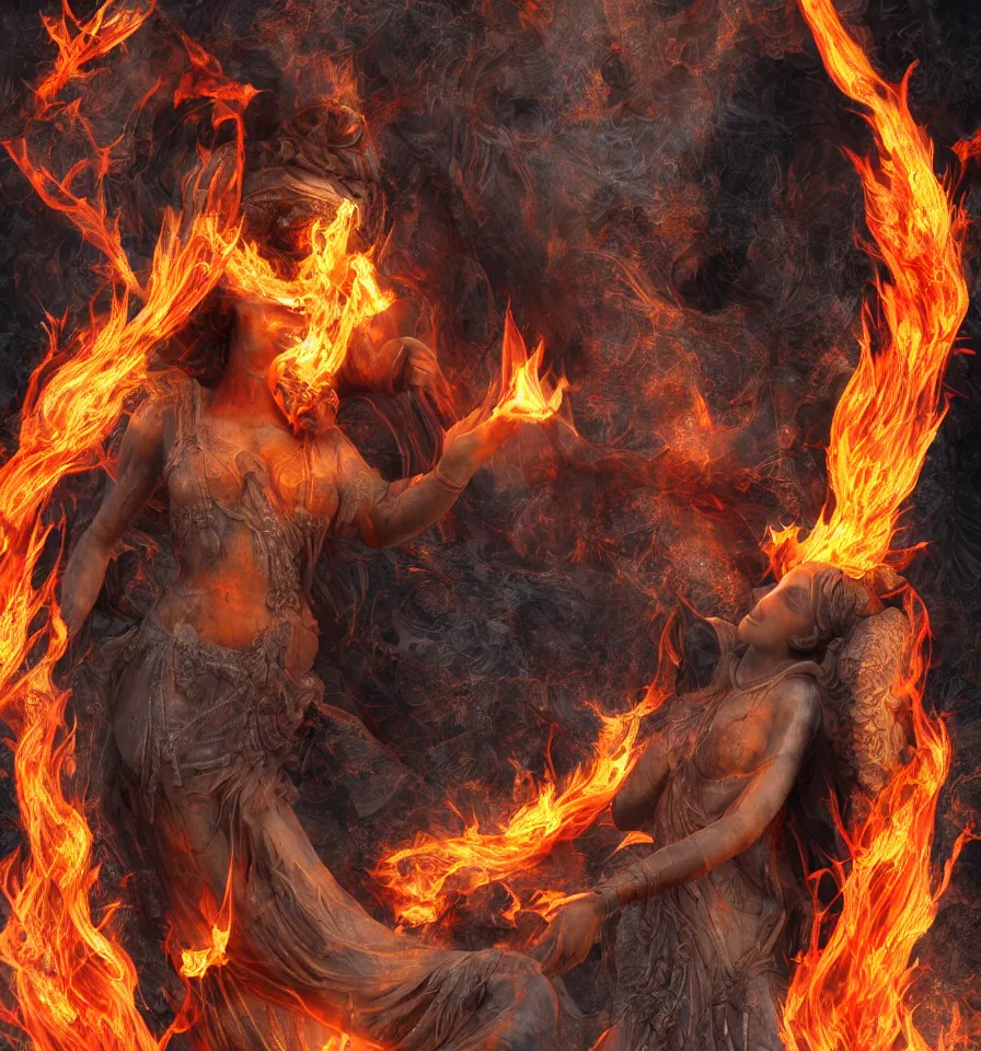 Image similar to goddess of flame, 8 k resolution, ultra realistic, detailed,