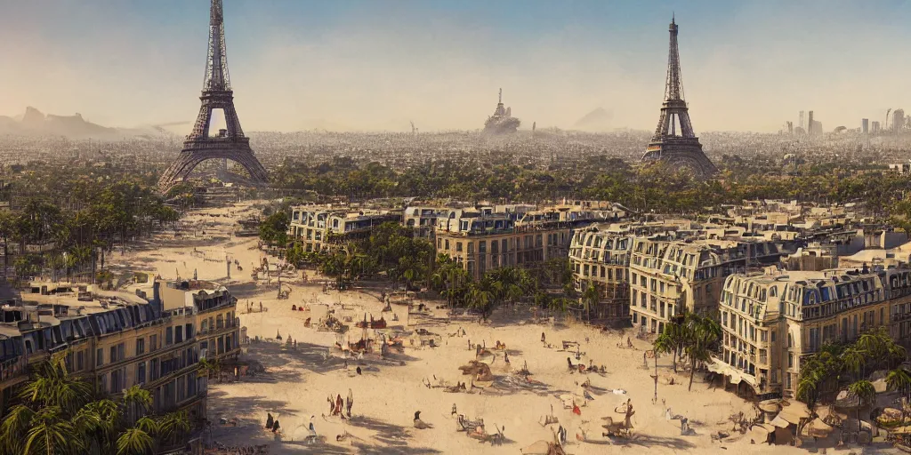 Prompt: beautiful landscape of the wonderful city of paris built in california, amazing sunny weather, eiffel tower next to the beach, palm trees, splendid haussmann architecture, digital painting, highly detailed, intricate, craig mullins, greg rutkwowski, matte painting, trending on artstation