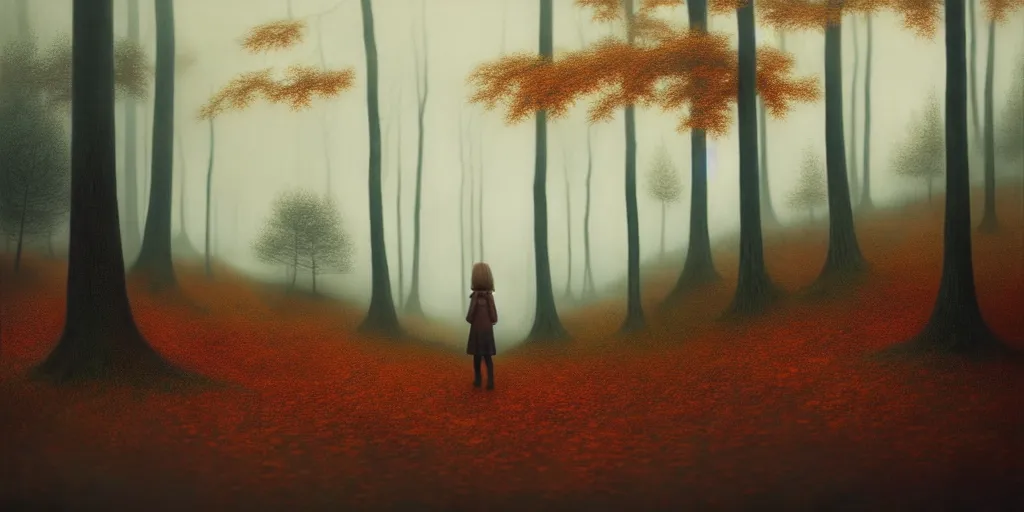 Image similar to a girl in a autumn forest by Aron Wiesenfeld, cinematic, detailed illustration, nature, fog, dark colors, suspense, train the background, intricate, 8k