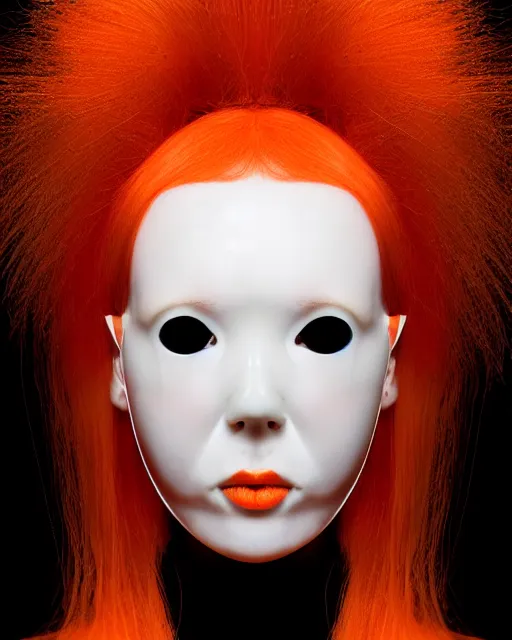 Image similar to symmetrical close - up portrait of a woman wearing a translucent silicone beauty mask and orange hair, wearing a black bodysuit by alexander mcqueen, black background, soft diffused light, biotechnology, humanoide robot, bjork aesthetic, translucent, by rineke dijkstra, intricate details, highly detailed, masterpiece,