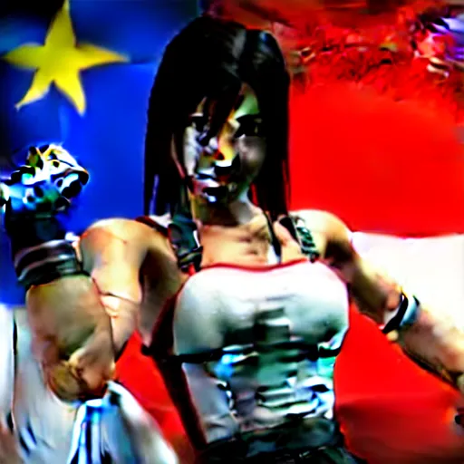 Image similar to Tifa Lockhart from Final Fantasy VII Remake (2020) laughing with the Italian flag in the background
