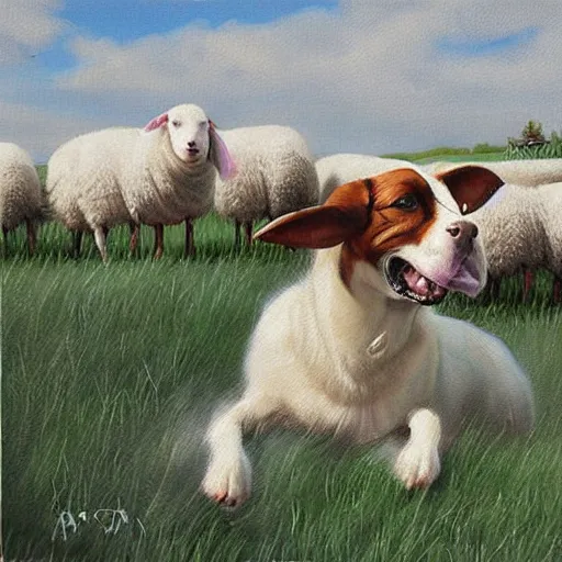 Image similar to dog barking at sheep realistic painting