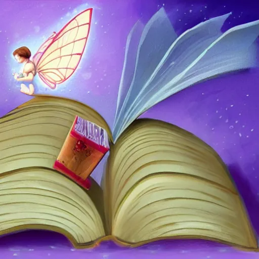 Prompt: you can see a big old open book in close - up. above the book floats a small sweet fairy, digital painting, fantasy art