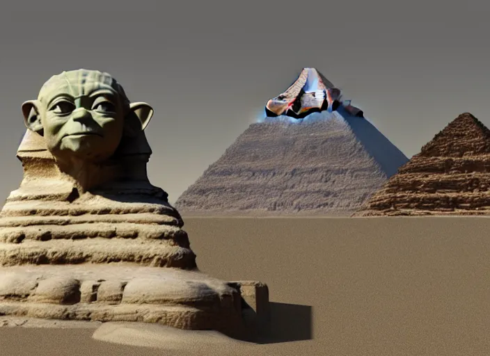 Image similar to high definition 3 d render of yoda's head on a sphinx body, egyptology, ancient aliens, grainy cinestill film landscape photo, blender, monument, 8 k