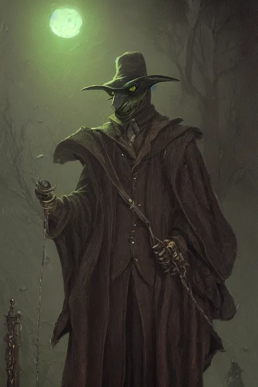 Image similar to A fancy portrait of a green plague doctor by Greg Rutkowski, Dan Mumford, Christophe Vacher, Bloodborne, 8k photorealistic, volumetric lighting, HD, high details, dramatic, dark atmosphere, trending on artstation