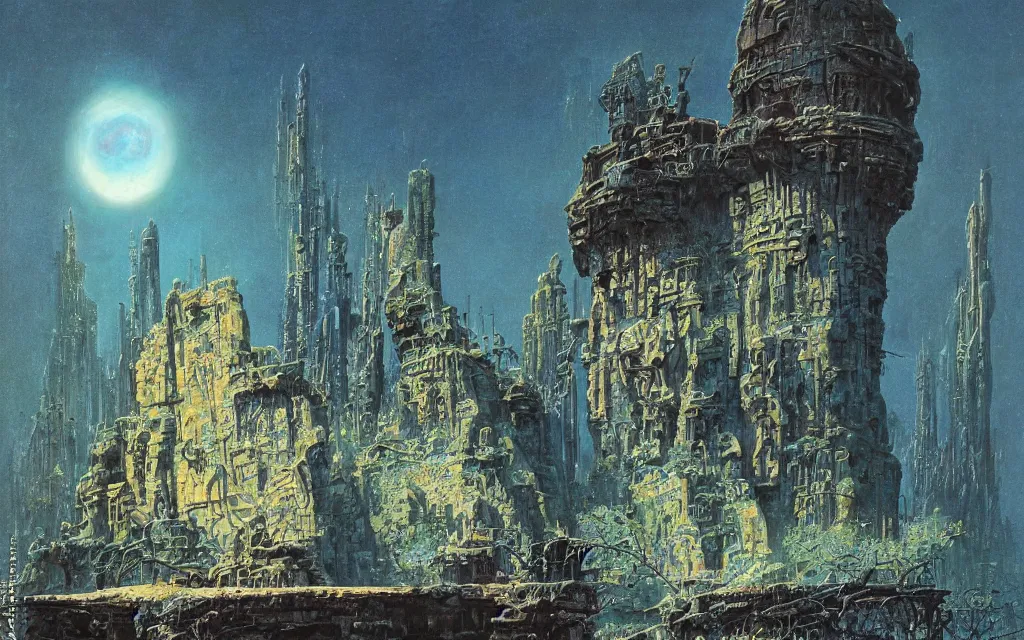 Prompt: ancient tomb made of iridescent metal, alien (hostile) architecture, award winning oil painting by Bruce Pennington, midnight color palette