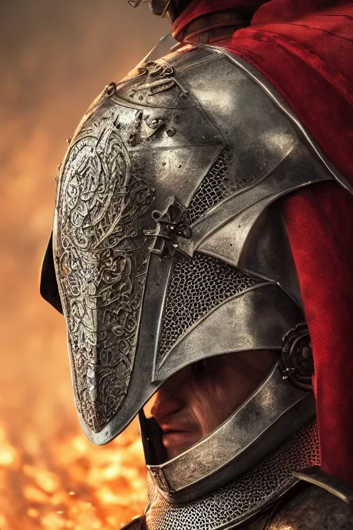 Prompt: a portrait of a medieval knight, historical setting, dynamic pose, close - up, intricate details, intricately detailed clothing, intricate textures, warm lighting, vivid colors, smoke and mist, realistic octane render, hyper realistic render, volumetric shading, depth of field, raytracing, 8 k,