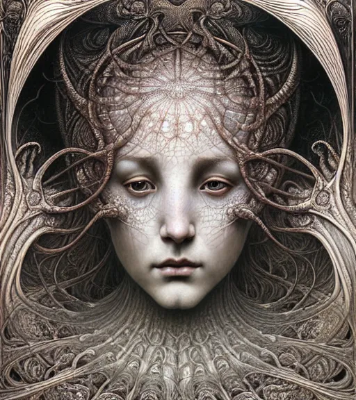 Image similar to detailed realistic beautiful ice goddess face portrait by jean delville, gustave dore, iris van herpen and marco mazzoni, art forms of nature by ernst haeckel, art nouveau, symbolist, visionary, gothic, neo - gothic, pre - raphaelite, fractal lace, intricate alien botanicals, ai biodiversity, surreality, hyperdetailed ultrasharp octane render