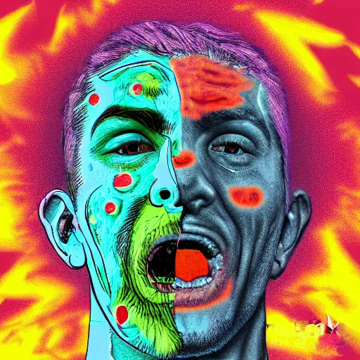 Image similar to man with a tab of acid on his tounge, digital art by mad dog jones