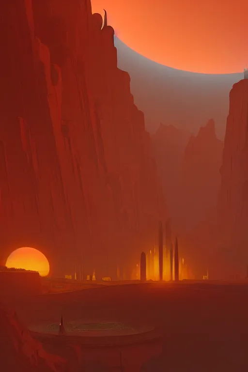 Prompt: ancient temples glowing orange in canyon, monks, geometric lines in the sky, floating planets, dramatic lighting, artstation, matte painting, ralph mcquarrie, simon stalenhag