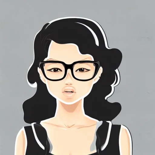 Prompt: a very beautiful, sexy girl with dark complexion, long, curly, afro hair, round face, stylistic oval black eyes, half - frame square glasses, grey hoodie opened, white tank top, white gloves, jeans, character art, digital art, cel shaded