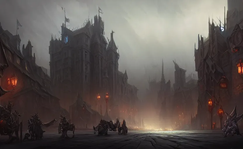 Prompt: extreme long shot concept art depicted old english majestic town, dramatic mood, overcast mood, dark fantasy environment, dieselpunk, art by legends of runeterra and league of legends and arcane, art by tony sart and mauro belfiore, trending on artstation, unreal engine, golden ratio, spectacular composition