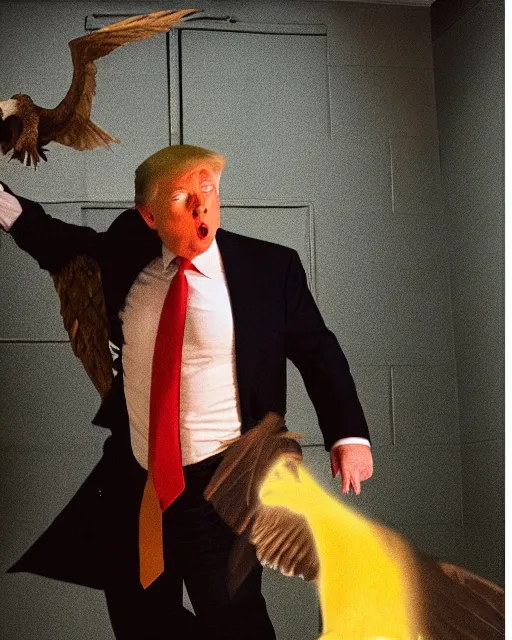 Prompt: Medium shot photo of scared Donald Trump in prison jail wearing orange pajamas with an American bald eagle attacking his head, Annie Leibowitz, octane, dramatic lighting, editorial photo, 35mm, very detailed