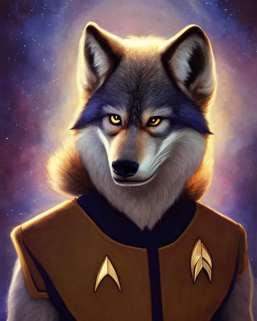 Prompt: painting of anthromorphic male wolf in starfleet uniform, star trek, zootopia, fursona, furaffinity, 4 k, deviantart, furry art, very expressive detailed face, gaston bussiere, craig mullins, jc leyendecker, gustav klimt, artgerm, greg rutkowski, alphonse mucha