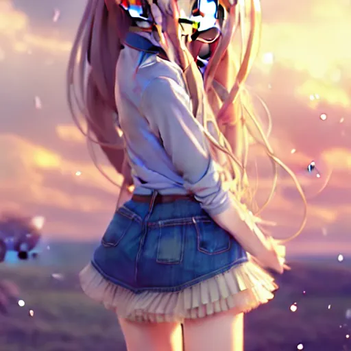 Image similar to a very beautiful anime girl, full body, long golden hair, sky blue eyes, full round face, short smile, mini jeans skirt, cute top, winter setting, cinematic lighting, medium shot, mid-shot, highly detailed, trending on Artstation, Unreal Engine 4k, cinematic wallpaper by Stanley Artgerm Lau, WLOP, Rossdraws, James Jean, Andrei Riabovitchev, Marc Simonetti, and Sakimichan