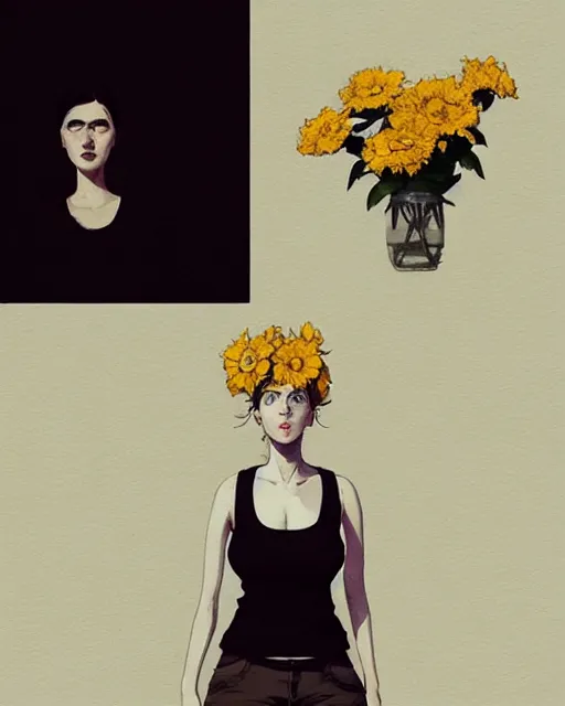 Image similar to cottagecore hyper - realistic portrait of a woman in black sleeveless t - shirt, flowers, by atey ghailan, by greg rutkowski, by greg tocchini, by james gilleard, by joe fenton, by kaethe butcher, dynamic lighting, gradient light yellow, brown, blonde cream and white color scheme, grunge aesthetic