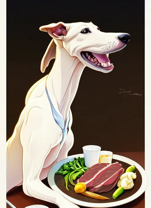 Image similar to cute white brown greyhound eating juicy steak, natural lighting, path traced, highly detailed, high quality, digital painting, by don bluth and ross tran and studio ghibli and alphonse mucha, artgerm