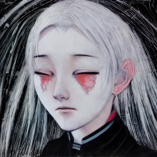 Image similar to Yoshitaka Amano realistic illustration of an anime girl with white hair and cracks on her face wearing dress suit with tie fluttering in the wind, abstract black and white patterns on the background, noisy film grain effect, highly detailed, Renaissance oil painting, weird portrait angle