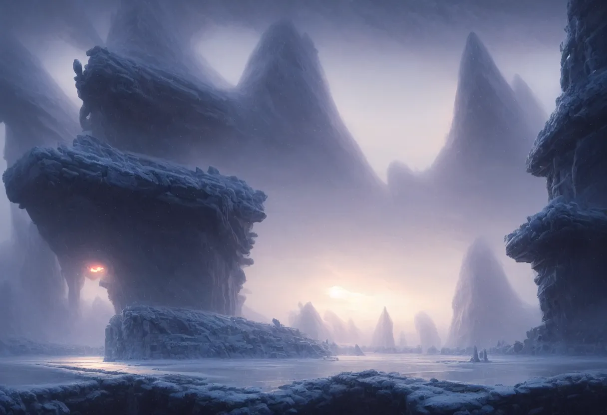 Prompt: strange surface of another frozen winter planet at sunset ruins of ancient civilization at sea, ultra high definition, ultra detailed, symmetry, fog, matte painting, by greg rutkowski and ross tran and wlop