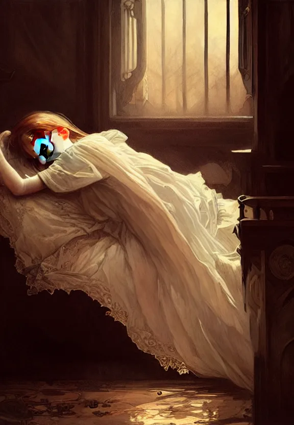 Prompt: innocent child sleeping in a moody beautiful victorian bedroom, fantasy magic, dark light night, intricate, elegant, sharp focus, illustration, highly detailed, digital painting, concept art, matte, art by wlop and artgerm and greg rutkowski and alphonse mucha, masterpiece