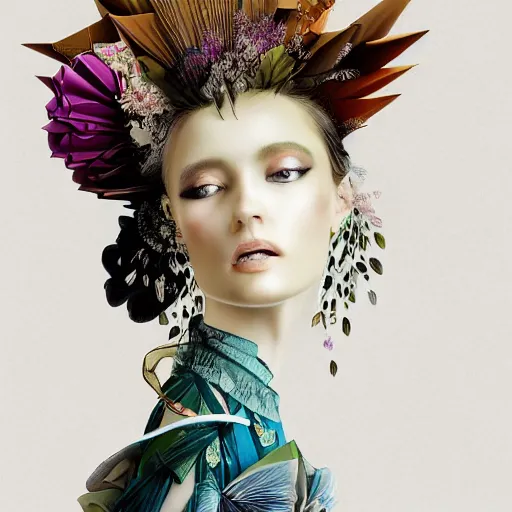 Image similar to full length fashion illustration of a beautiful girl wearing an origami dress, eye - level medium shot, fine floral ornaments in cloth and hair, hummingbirds, elegant, by eiko ishioka, givenchy, by peter mohrbacher, centered, fresh colors, origami, fashion, detailed, serene, dreamy, vogue, japanese, reallusion character creator