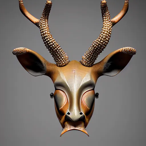 Prompt: kudu mask made of pearl beads : by michal karcz, daniel merriam, victo ngai and guillermo del toro : ornate, dynamic, particulate, intricate, elegant, highly detailed, centered, artstation, smooth, sharp focus, octane render