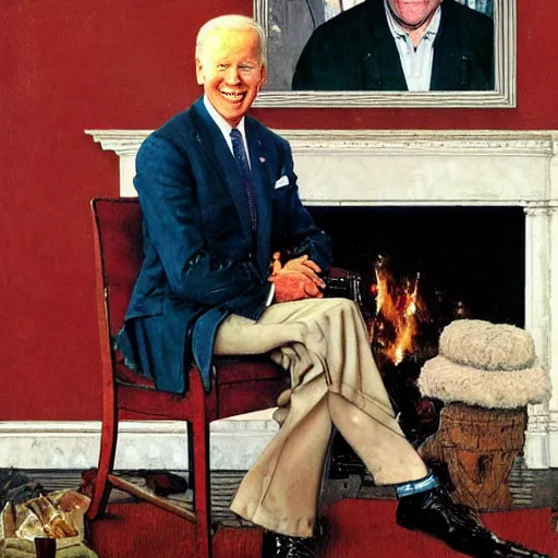 Image similar to eye level portrait painting by Norman Rockwell of Joe Biden sitting in a chair. Cozy fire. Legs apart