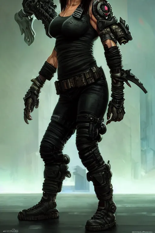 Prompt: gina carano as a shadowrun ork with prothesis metallic left arm, casual black clothing, muscular, realistic proportions, casual pose, large portrait, sci - fi, rpg character, digital painting, artstation, concept art, smooth, 8 k frostbite 3 engine, ultra detailed, art by artgerm and greg rutkowski and magali villeneuve