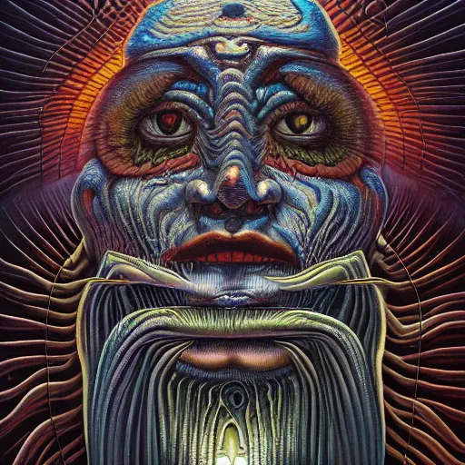 Prompt: omnious 5-dimensional DMT entity deity by jacek yerka, alex gray, zdzisław beksiński, dariusz zawadzki, jeffrey smith and h.r. giger, oil on canvas, 8k highly professionally detailed, trending on artstation