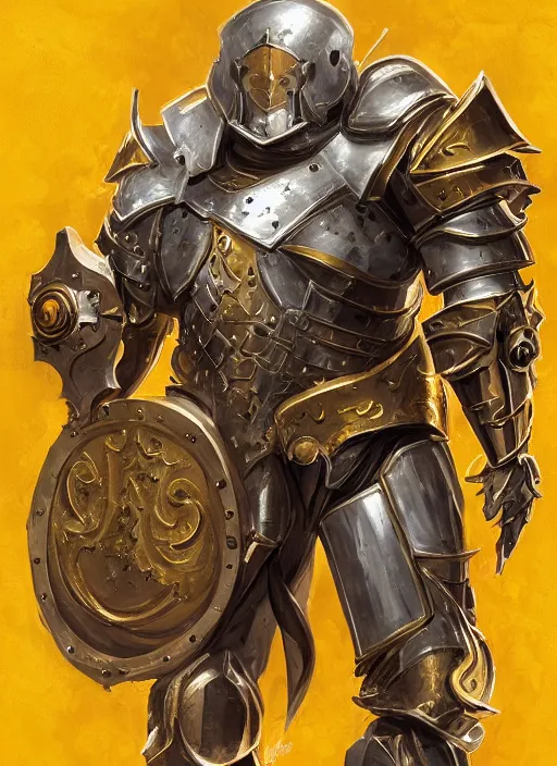 Prompt: dynamic portrait of a intricate glorious holy mechanical warforged character in yellow armor holding a paladin engraved great longsword and carrying a big shield, epic , trending on ArtStation, cinematic lighting, by Jesper Ejsing