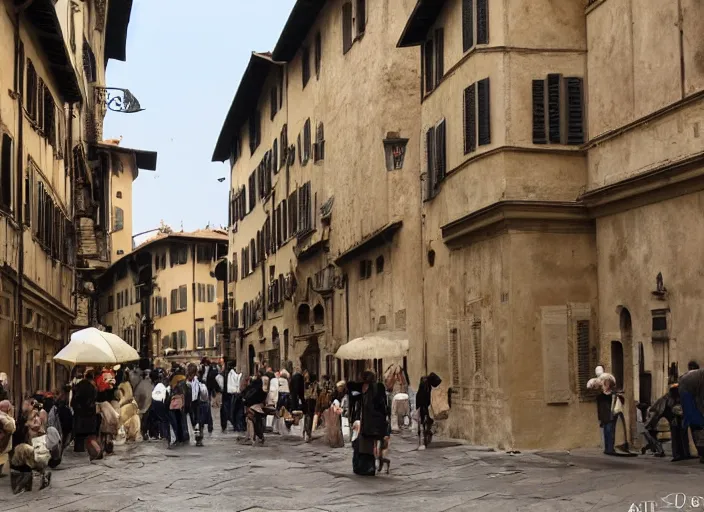 Image similar to street scene from a 2 0 1 0 film set in 1 4 5 0 showing florence italy