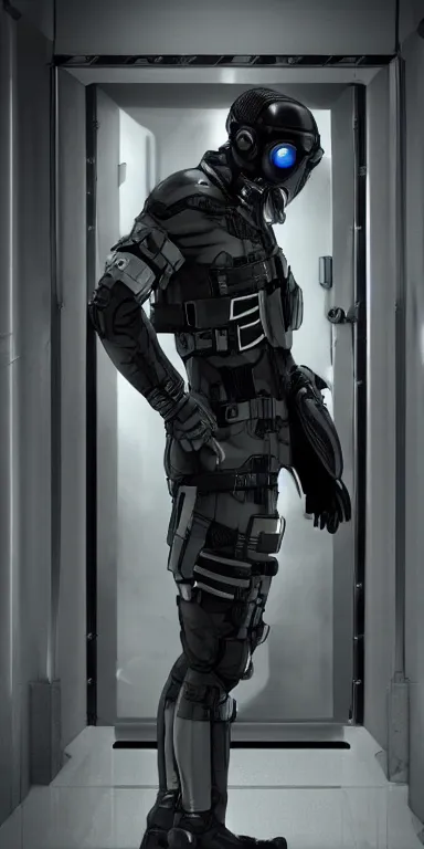 Image similar to full body cinematic shot of a male time traveling intelligence agent in a black and greyscale sealed continuity suit, masculine, simple and functional with gaiter-style gas mask, a mix between splinter cell and metal gear solid by alphonse mucha