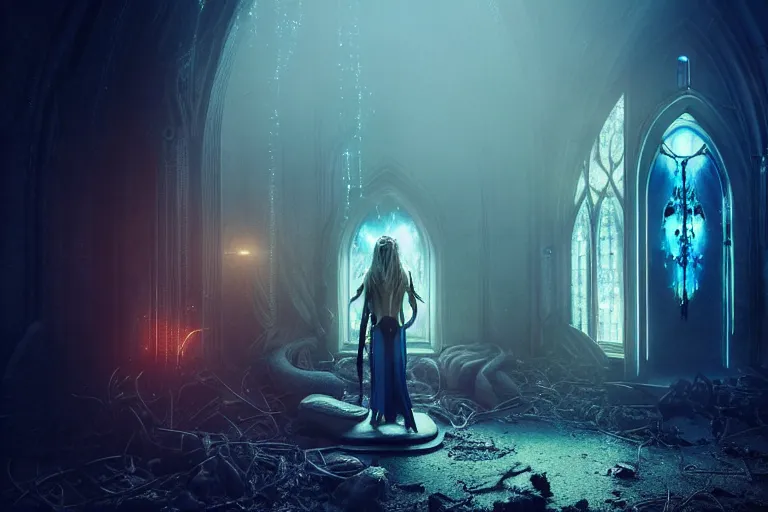 Prompt: an ultra realistic, cinematic, fantasy, portrait, of an elden ring elf, fairy lights, facial features, stood outside an abandoned church, with futuristic buildings and neon signs, detailed, deep focus, movie still, dramatic lighting, ray tracing, by michal karcz and zack snyder