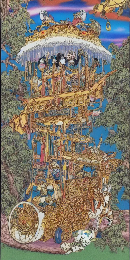 Image similar to a chariot drawn by pandas in japan, 1990s anime, full color, tarot card the chariot, highly detailed, intricate design,