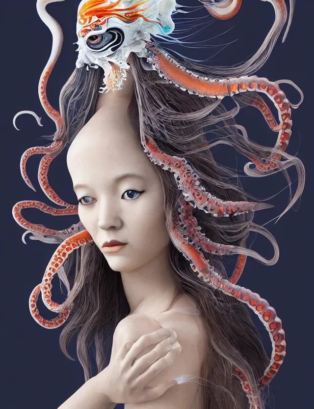 Image similar to 3 d goddess squid half - turn portrait with long hair with ram skull. beautiful intricately detailed japanese crow kitsune mask and clasical japanese kimono. betta fish, jellyfish phoenix, bio luminescent, plasma, ice, water, wind, creature, artwork by tooth wu and wlop and beeple and greg rutkowski