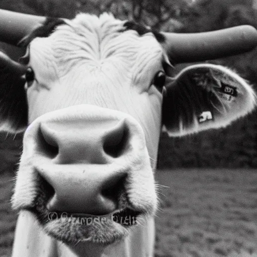 Image similar to Mugshot Portrait of a Guernsey Cow, taken in the 1970s, photo taken on a 1970s polaroid camera, grainy, real life, hyperrealistic, ultra realistic, realistic, highly detailed, epic, HD quality, 8k resolution, body and headshot, film still, front facing, front view, headshot and bodyshot, detailed face, very detailed face