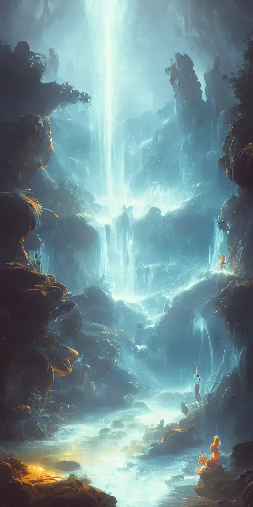 Prompt: Detailed exterior of the silky serene waterfalls of harmony, glowing blue rocks, stunning atmosphere, in Style of Peter Mohrbacher, cinematic lighting