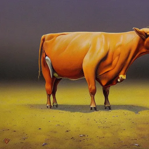Image similar to photorealistic cow with cat head by Esao Andrews , Zdzislaw Beksinski
