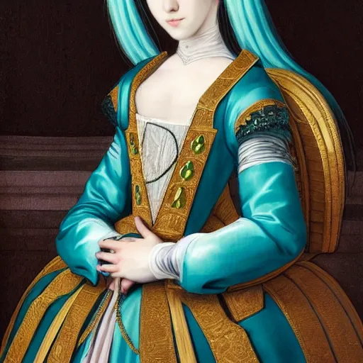 Image similar to a beautiful portrait of hatsune miku as a 1 6 th century noblewoman, fantasy, intricate, elegant, highly detailed, digital painting, artstation, concept art, matte, sharp focus, illustration, art by jacque louis david