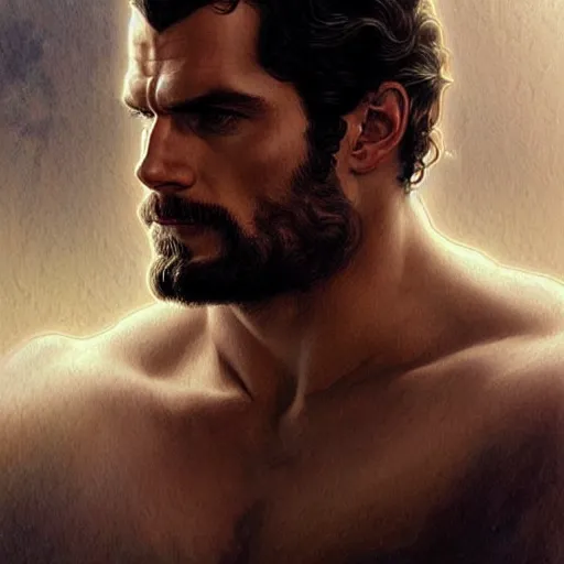 Image similar to Henry Cavill is a Greek god, gorgeous, amazing, muscular, intricate, elegant highly detailed, digital painting, artstation, concept art, sharp focus, illustration, art by artgerm, greg rutkowski, alphonse mucha