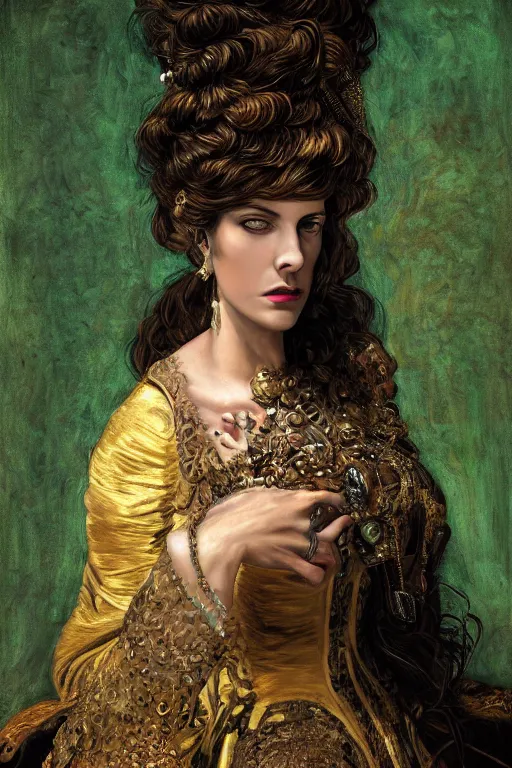 Prompt: portrait, headshot, digital painting, of a 17th century, beautiful, middle aged, middle eastern, wrinkles, decadent, cyborg noble woman, dark hair, amber jewels, baroque, ornate dark green opulent clothing, scifi, futuristic, realistic, hyperdetailed, concept art, chiaroscuro, side lighting, art by gustav klimt