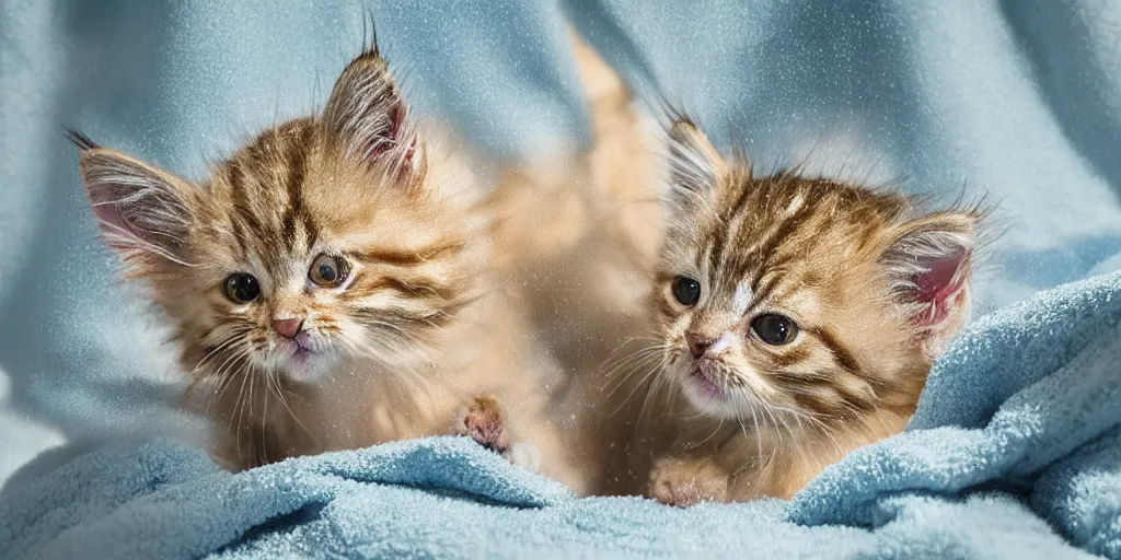 Image similar to shower curtain product catalog. wide - angle photo. on the curtain is a low - angle hero - shot watercolor of promotional still of a fluffy wet tabby kitten wrapped in a towel. the water color has ink under drawing. highly coherent, product photography of a shower curtain, product lighting. 4 k, highly detailed. saturated.