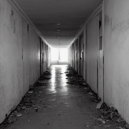 Prompt: abandoned school hallway, eerie grey lighting, floating shadow figure at the end in the distance, creepy, disturbing