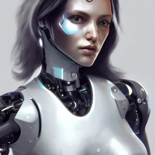 Prompt: cyborg girl, mechanical body, realistic, high details, white theme,trending on artstation