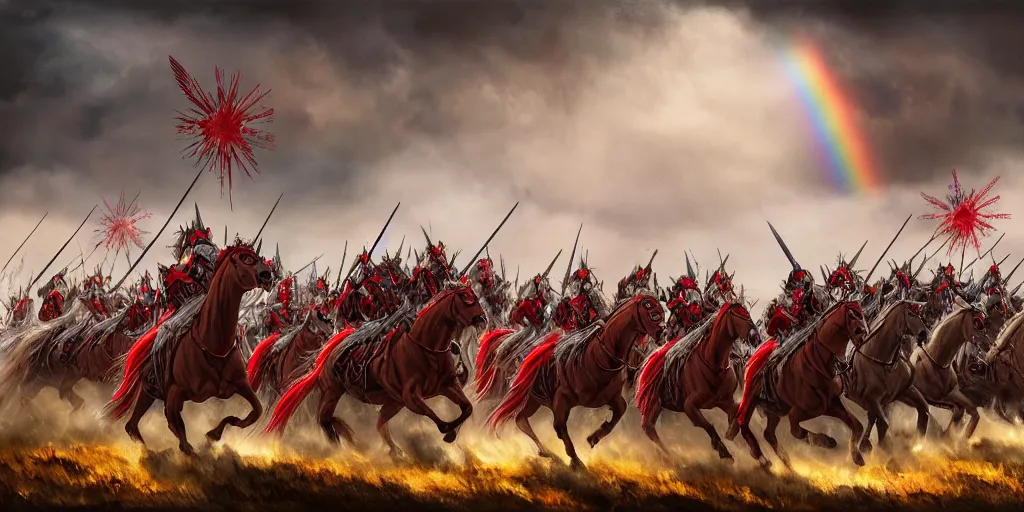 Image similar to Majestic powerfull red white Winged Hussars cavalry horde charging at ugly rainbow demons and trolls on ground, huge golden cross above them on the sky, white red eagle helping hussars, blood, snow, wide angle, professional kodak lenses, magic, fire, face painting, dramatic lighting, intricate, wild, highly detailed, digital painting, artstation, concept art, smooth, sharp focus, illustration, art by artgerm and greg rutkowski and alphonse mucha, footage from space camera