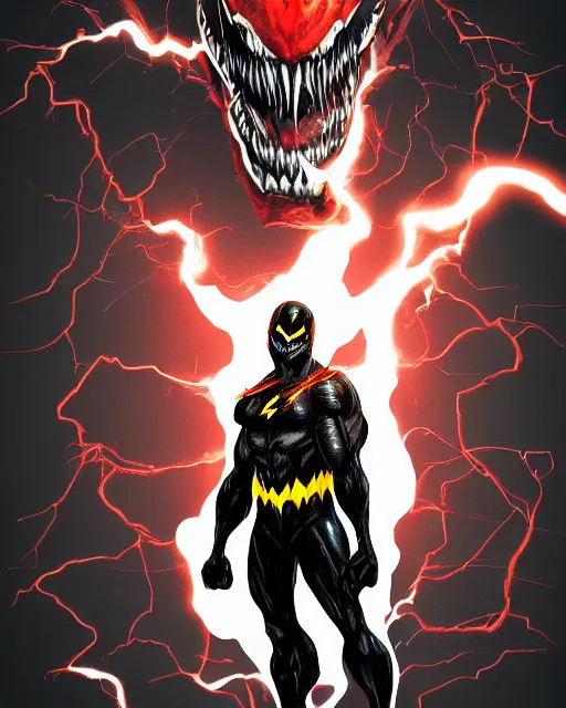 Image similar to venom as the flash, dynamic lighting, fantasy concept art, trending on art station, stunning visuals, creative, cinematic, ultra detailed, terrifying, black lightning, comic strip style