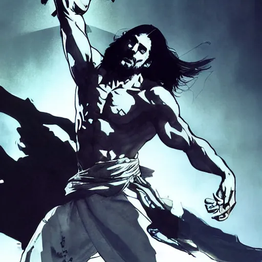 Image similar to jesus in a jojo dramatic pose against lucifer morningstar, illustration by yoji shinkawa and greg rutkowski